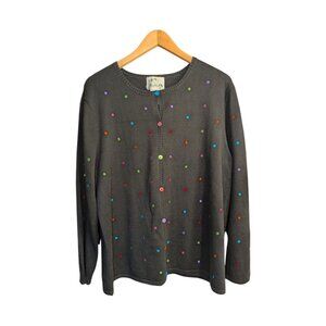 The Quacker Factory Women's Size L Black Shirt Top Colorful Dots Button Up 22x22